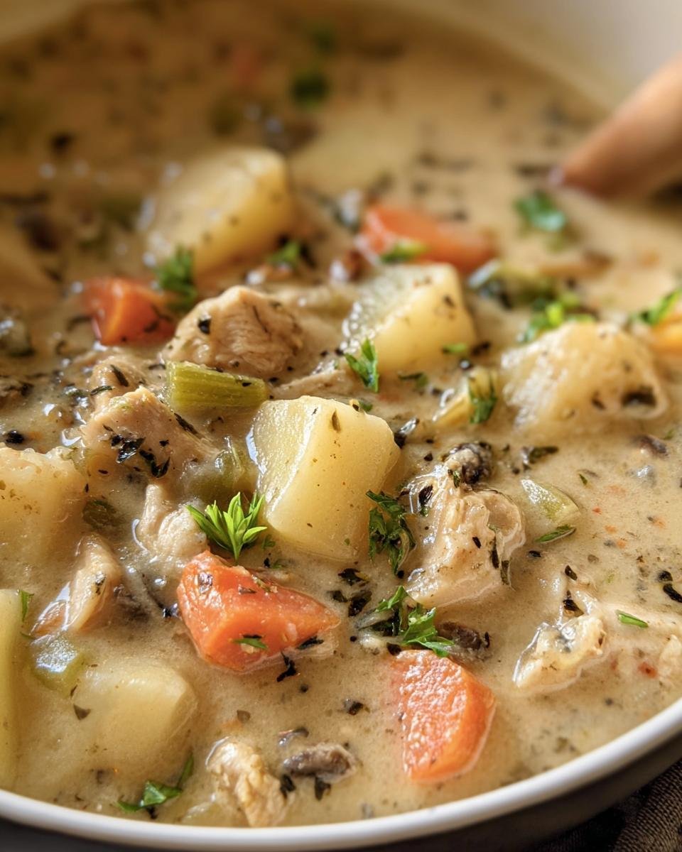 Close-up of creamy chunky chowder conjures comfort with potatoes, carrots, celery, and herbs.