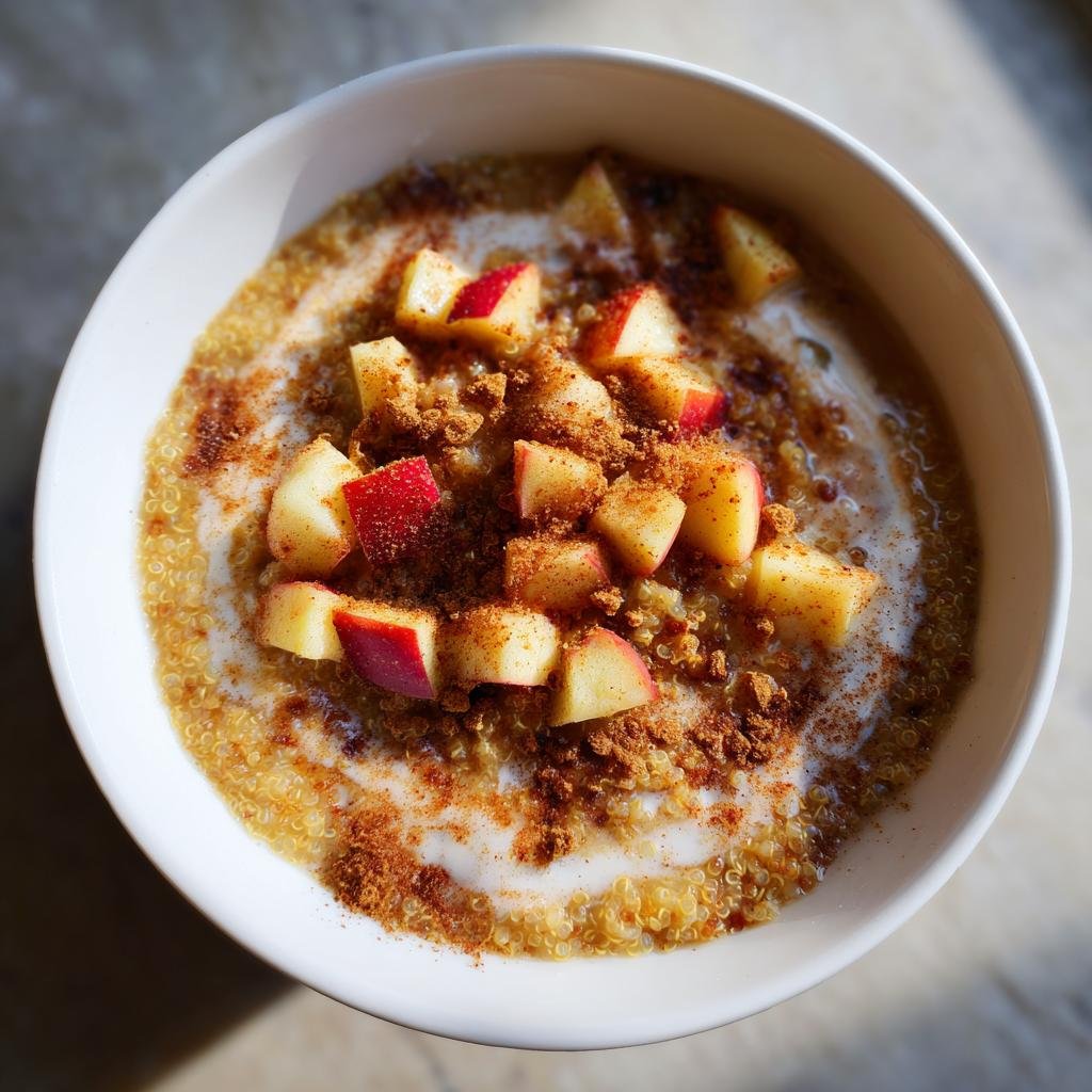 Overhead shot of a bowl of Cinnamon Apple Breakfast Quinoa with diced apples and cinnamon.