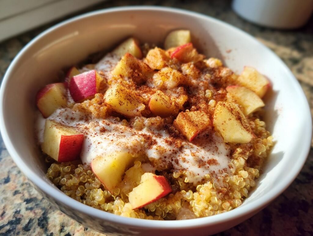 A bowl of Cinnamon Apple Breakfast Quinoa with diced apples, cinnamon, and a creamy topping.