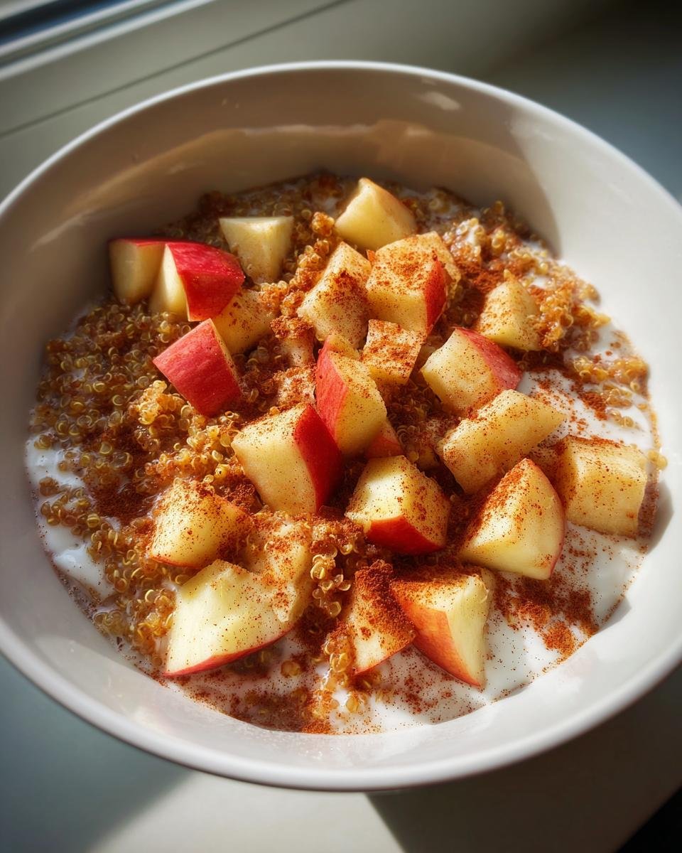 A bowl of Cinnamon Apple Breakfast Quinoa, featuring quinoa, diced apples, cinnamon, and a creamy base.