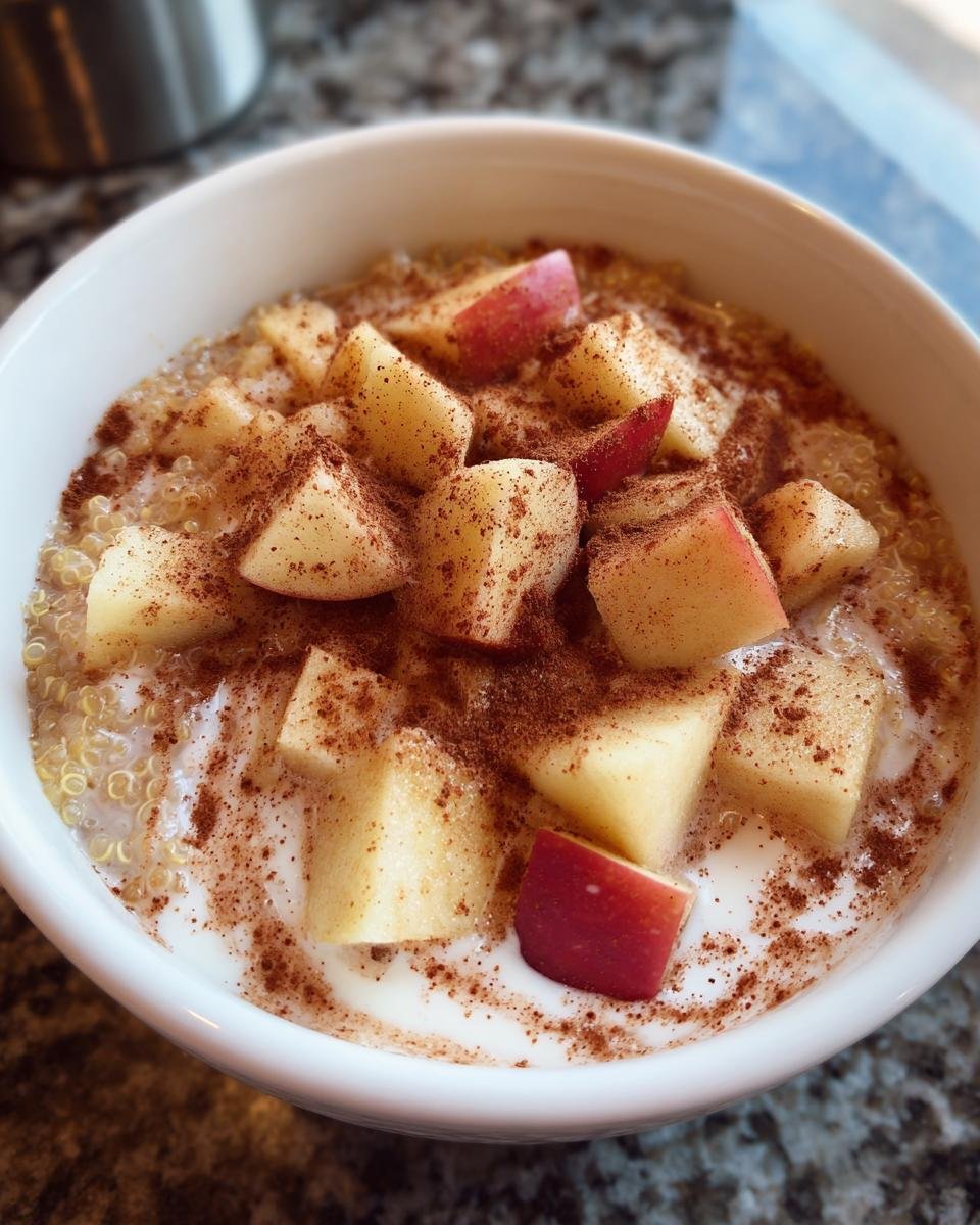 Bowl of Cinnamon Apple Breakfast Quinoa topped with diced apples and cinnamon.