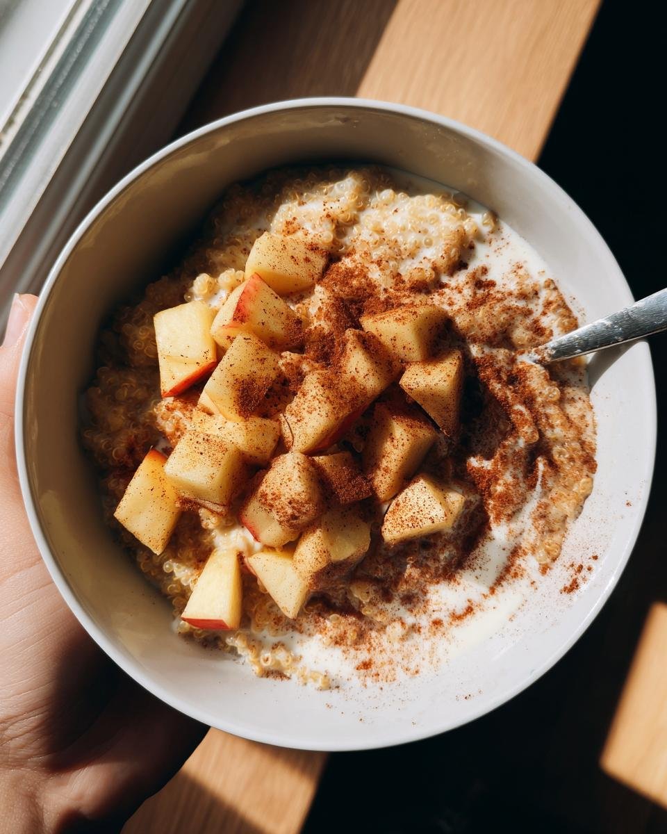 A bowl of Cinnamon Apple Breakfast Quinoa topped with diced apples and cinnamon.
