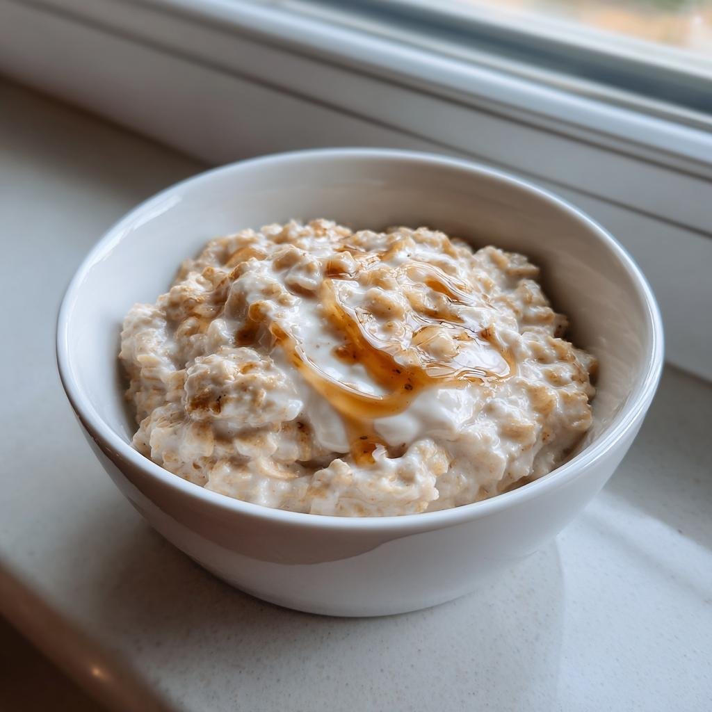 A white bowl filled with creamy Coconut Cream Oats, topped with a swirl of yogurt and a drizzle of syrup.