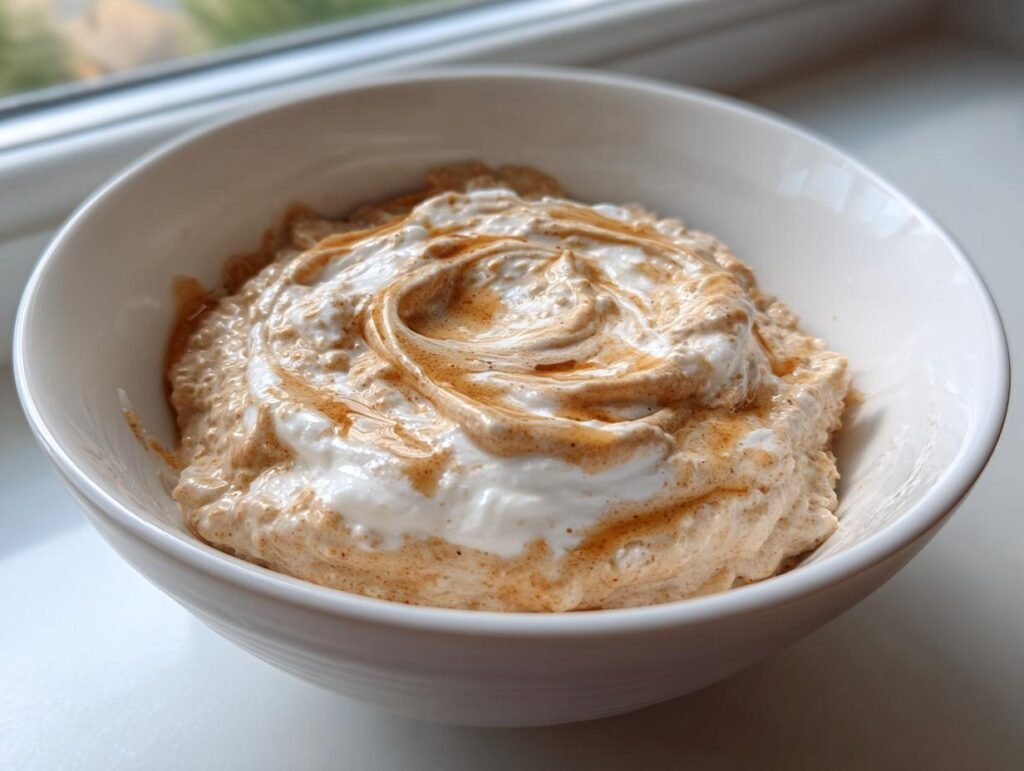 A bowl of Coconut Cream Oats, swirled with a light brown syrup, sits on a white surface near a window.