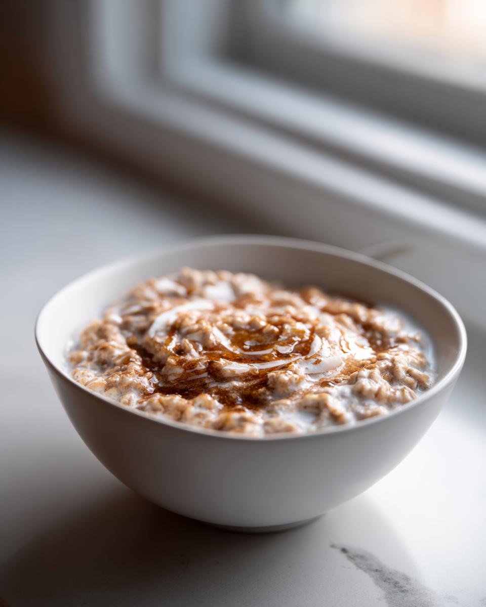 A bowl of Coconut Cream Oats topped with a swirl of coconut cream and syrup.