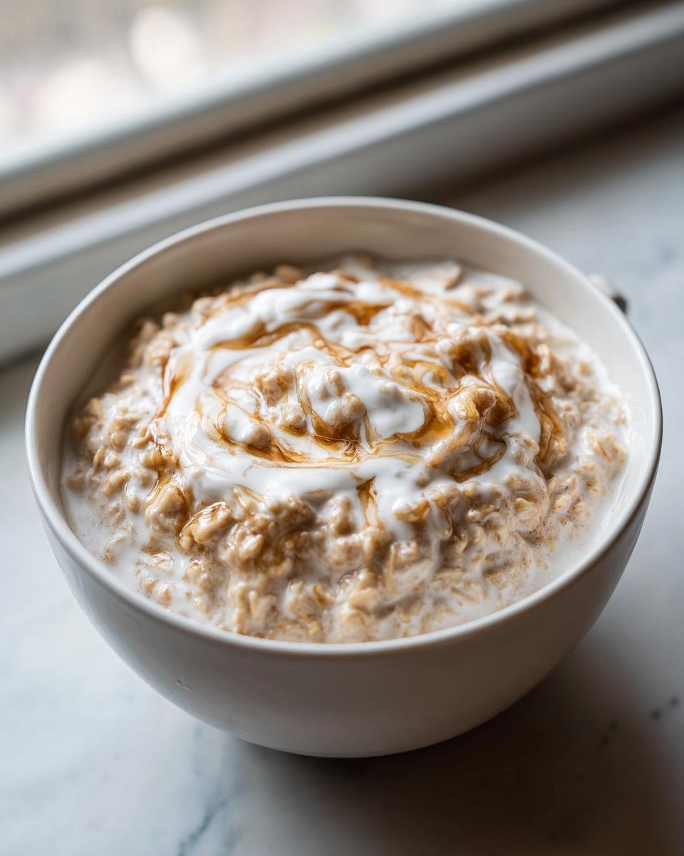 A bowl of Coconut Cream Oats topped with a swirl of coconut cream and a drizzle of syrup.