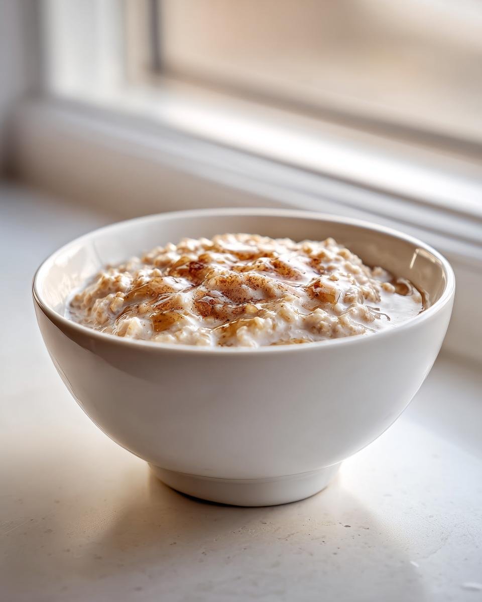 A white bowl filled with Coconut Cream Oats, drizzled with syrup and a sprinkle of spice.