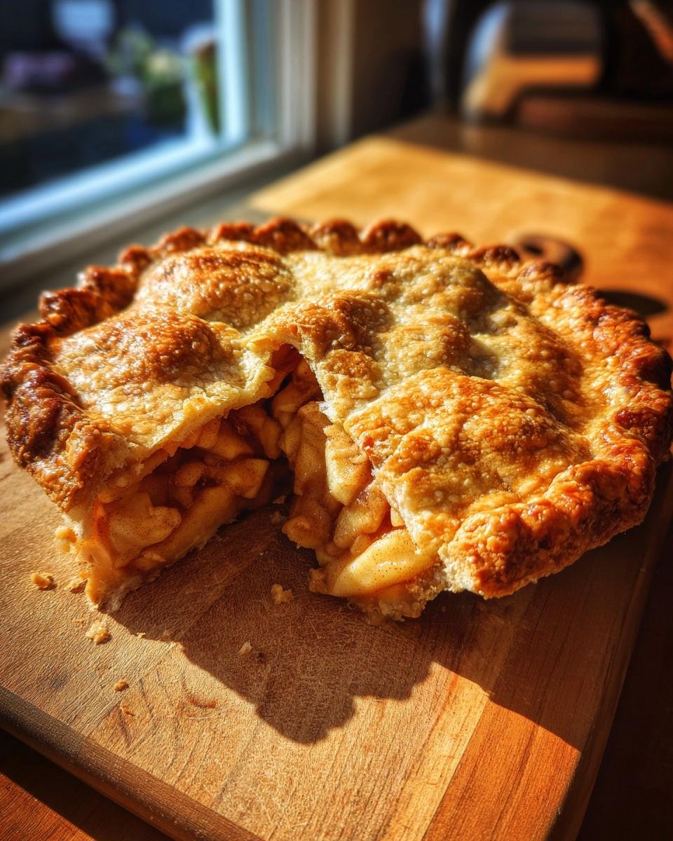 A delicious Cottage Cheese Apple Pie with a golden crust, cut open to reveal the apple filling.