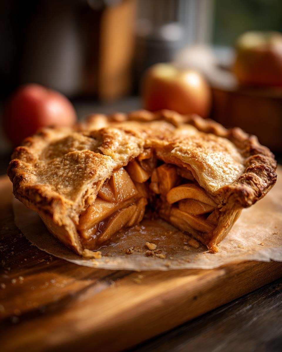 A slice cut from a Cottage Cheese Apple Pie, showing the filling and flaky crust on a wooden board.
