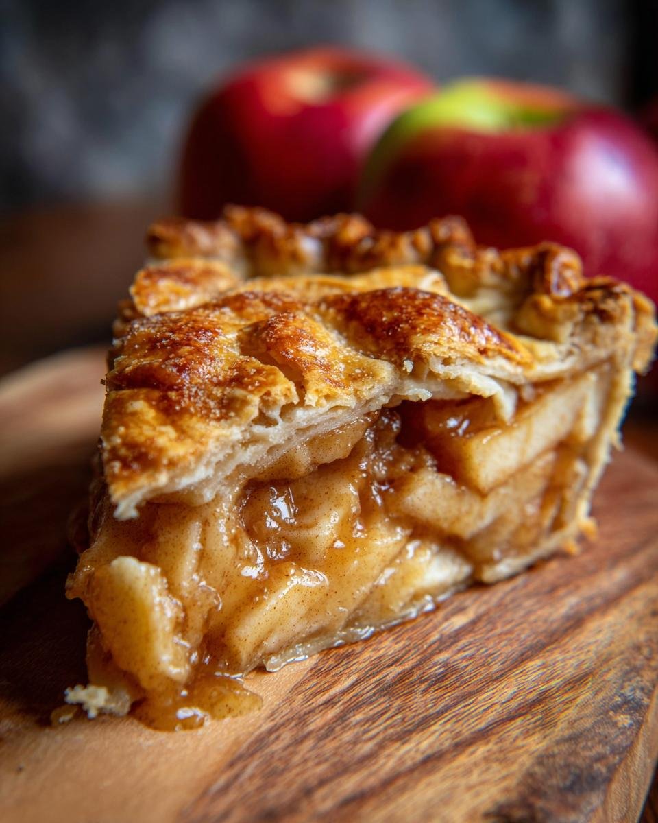 A delicious slice of Cottage Cheese Apple Pie with a golden crust and apple filling on a wooden board.