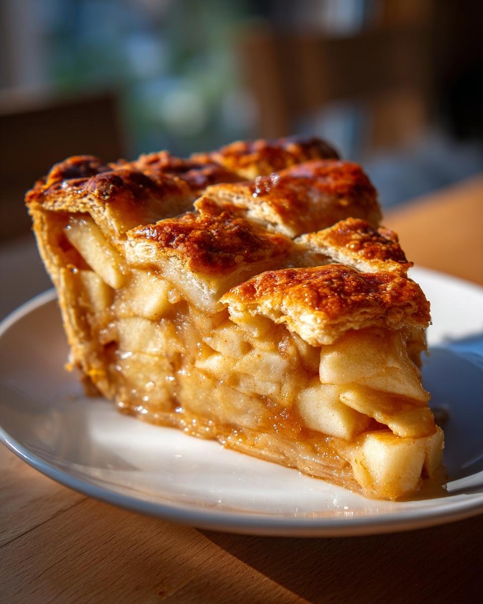 A delicious slice of Cottage Cheese Apple Pie with a golden crust on a white plate.