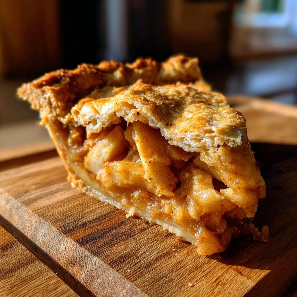 A delicious slice of Cottage Cheese Apple Pie with a golden crust, filled with spiced apples on a wooden board.