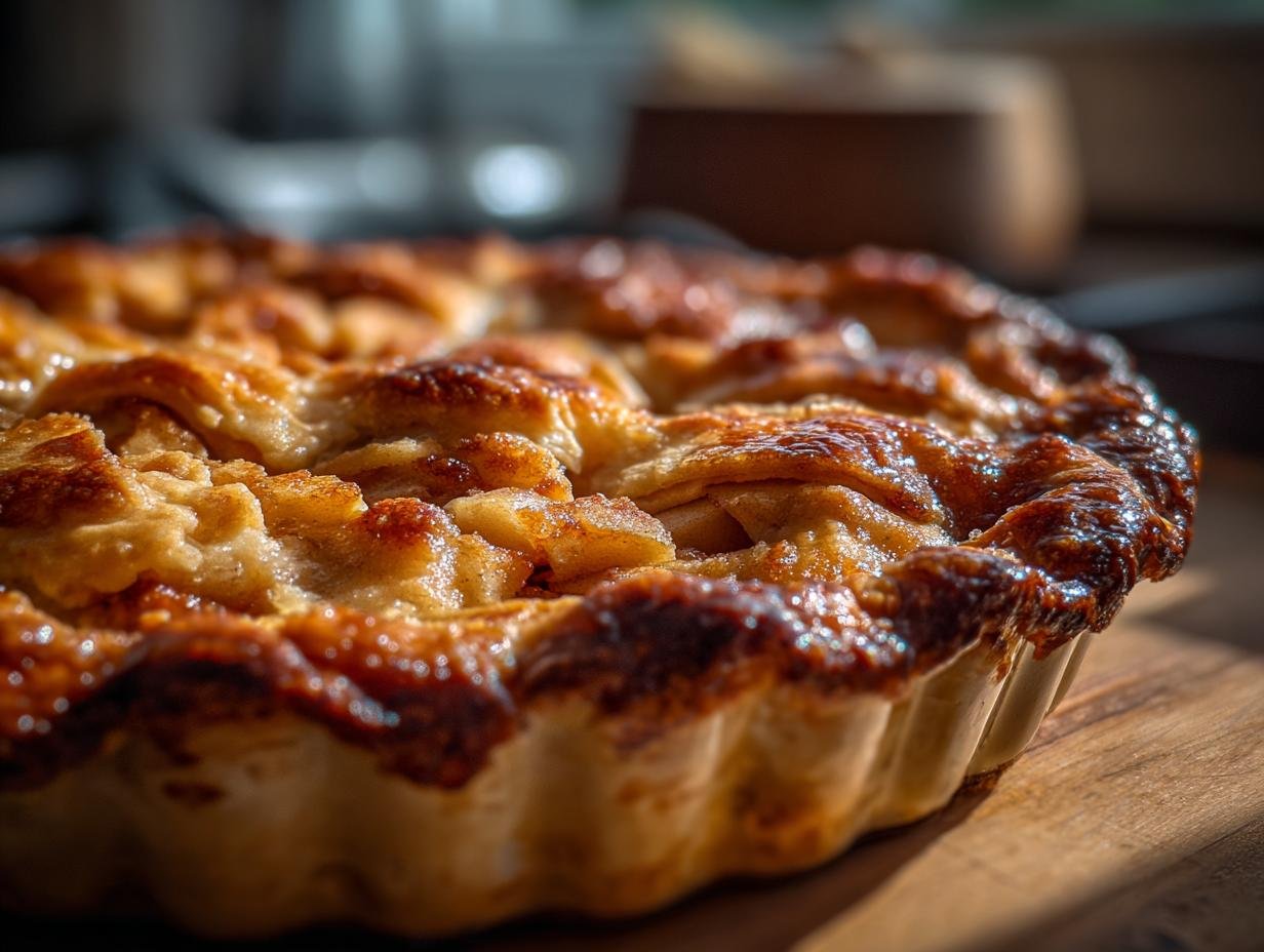 Close-up of a golden-brown Cottage Cheese Apple Pie with a flaky crust on a wooden surface.
