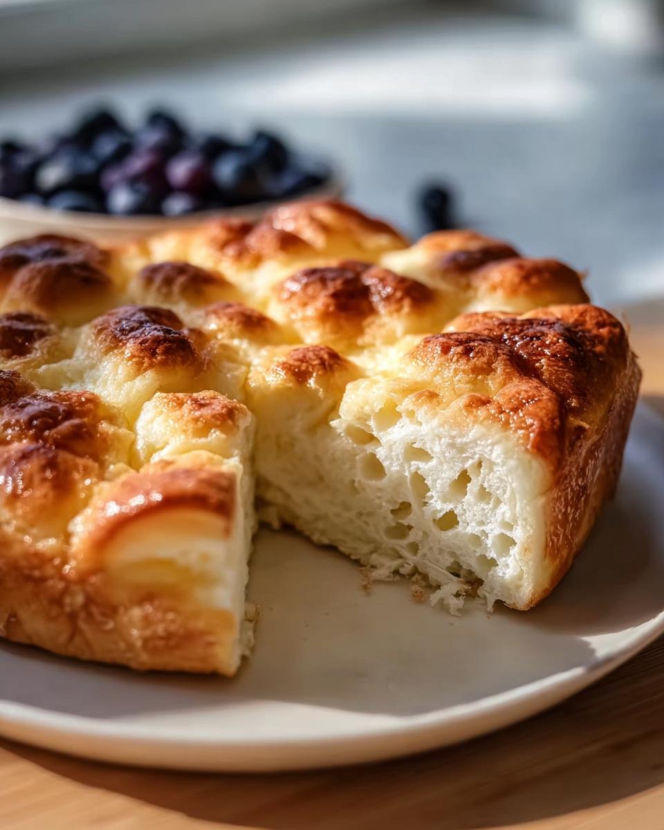 Close-up of golden Cottage Cheese Cloud Bread on a plate, showcasing its airy texture. Blueberries in the background.