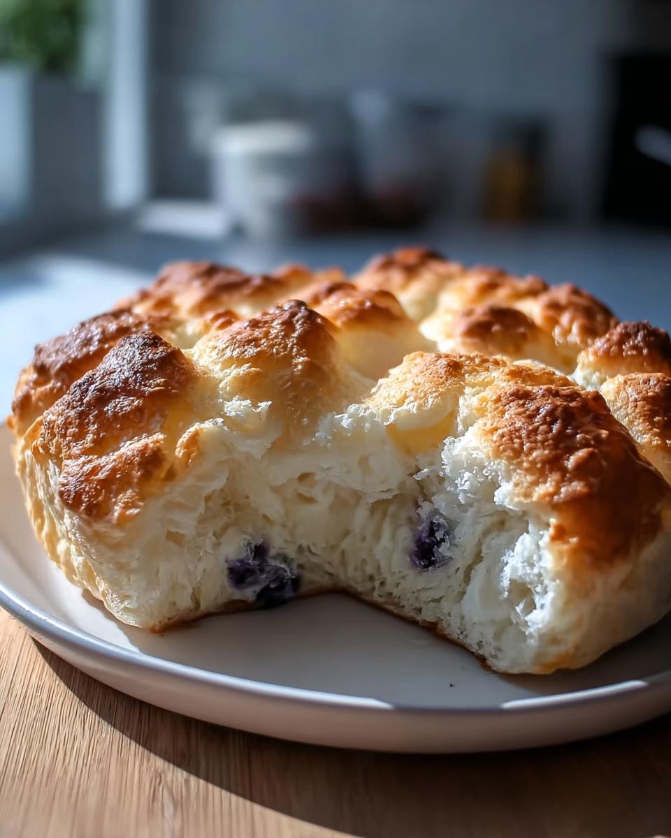 Close-up of Cottage Cheese Cloud Bread with blueberries on a white plate, showing its fluffy texture.
