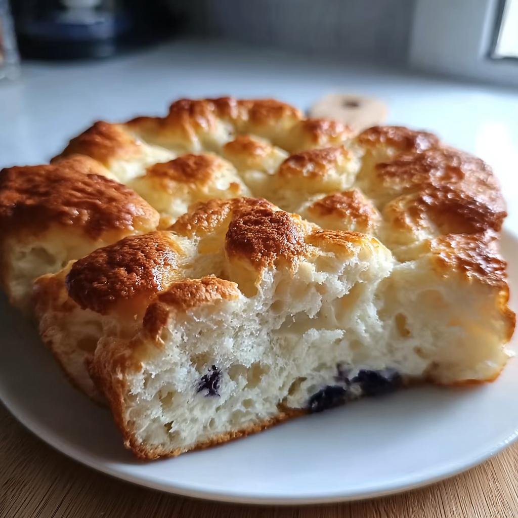 Close-up of a slice of Cottage Cheese Cloud Bread with blueberries on a white plate.