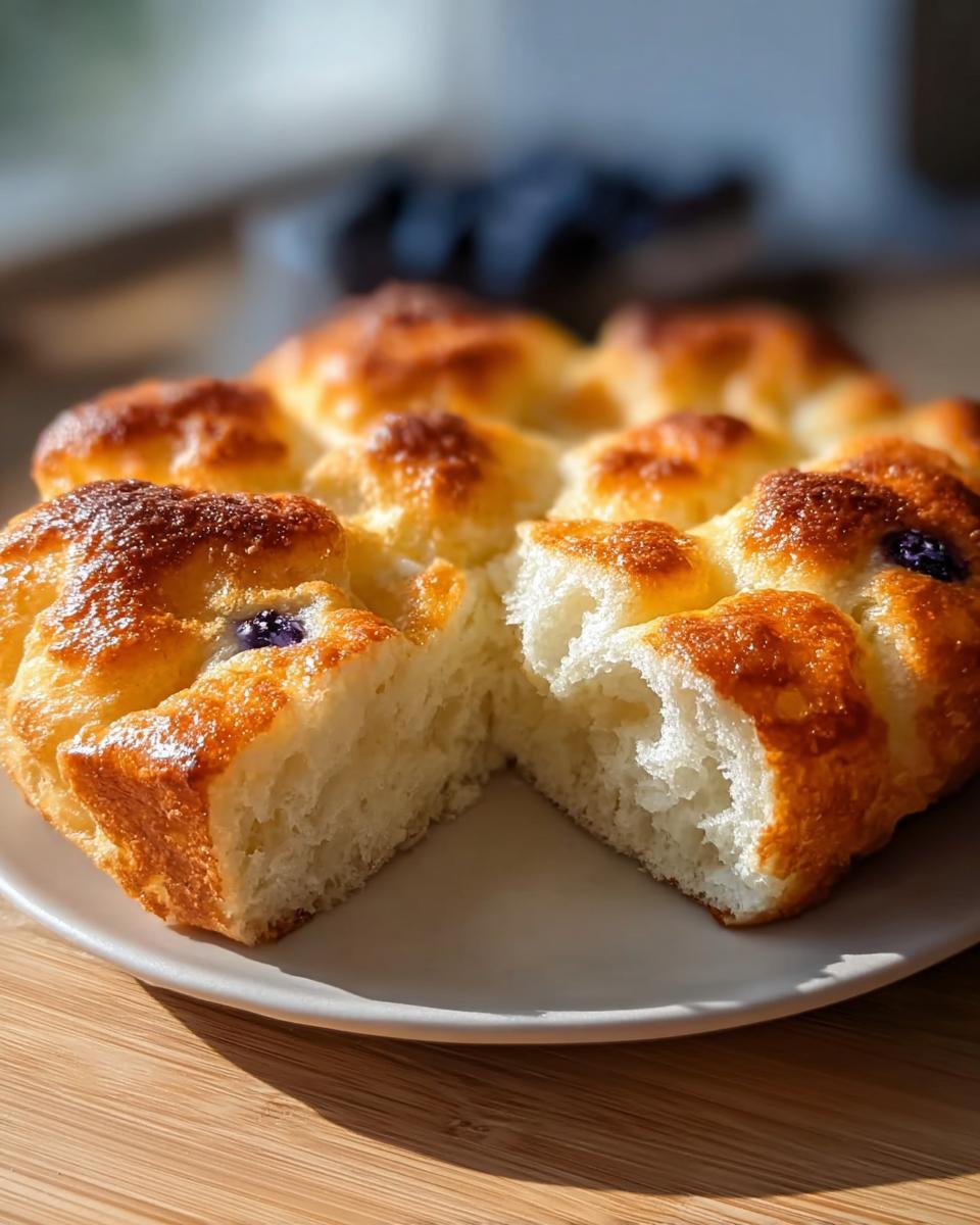 Close-up of Cottage Cheese Cloud Bread with blueberries, showing the soft, airy texture.