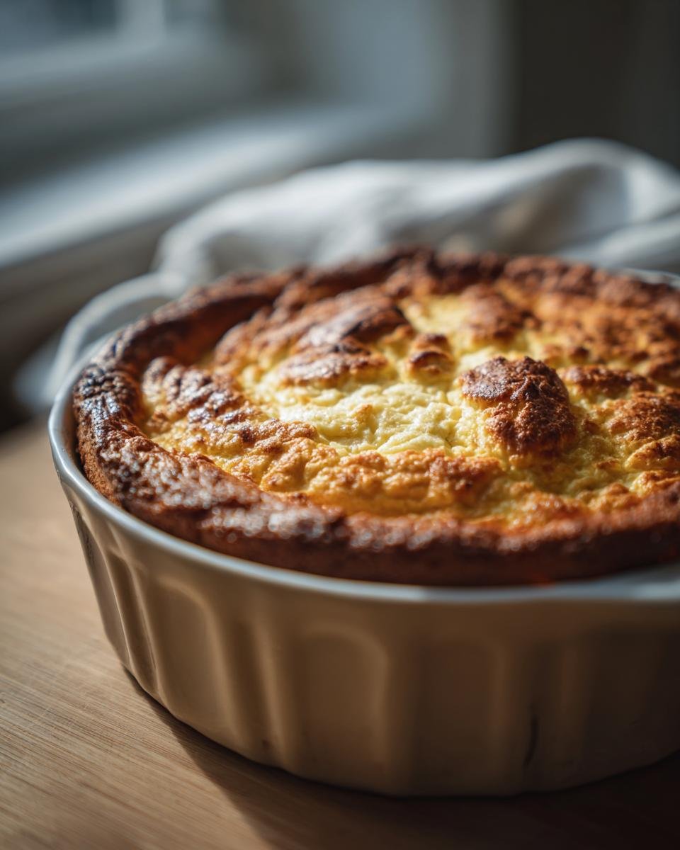 A freshly baked Cottage Cheese Egg Bake in a white ceramic dish, golden brown and ready to serve.