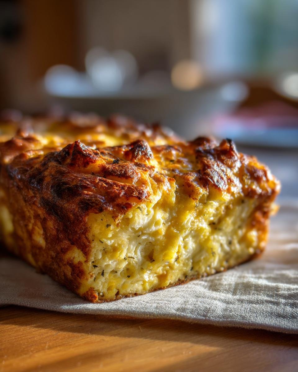 Close-up of a golden brown Cottage Cheese Egg Bake loaf on a linen cloth, showcasing its texture.
