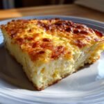 A slice of golden-brown Cottage Cheese Egg Bake on a plate, showing the texture and layers.