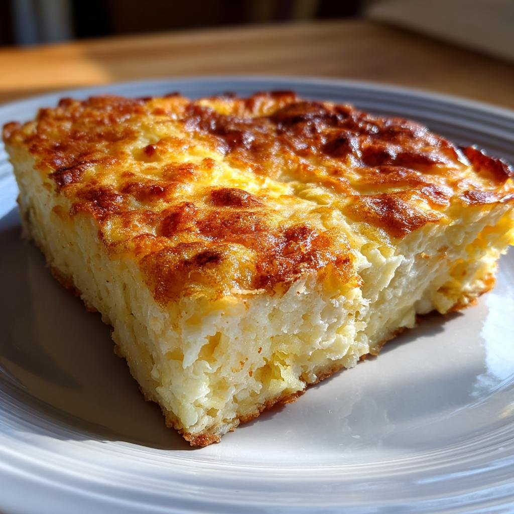 A slice of golden-brown Cottage Cheese Egg Bake on a plate, showing the texture and layers.