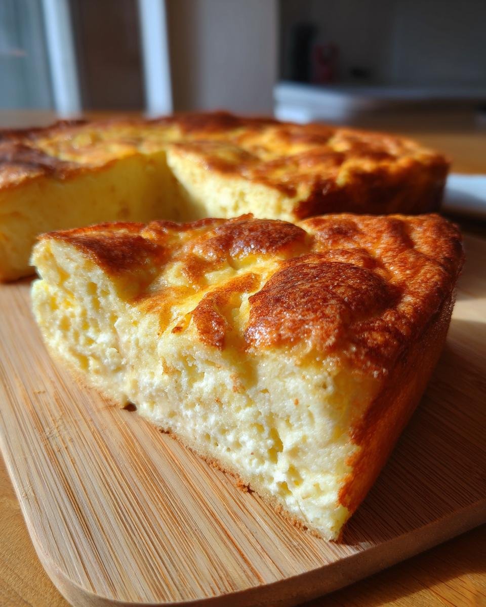 A slice of golden brown cottage cheese egg bake on a wooden cutting board.