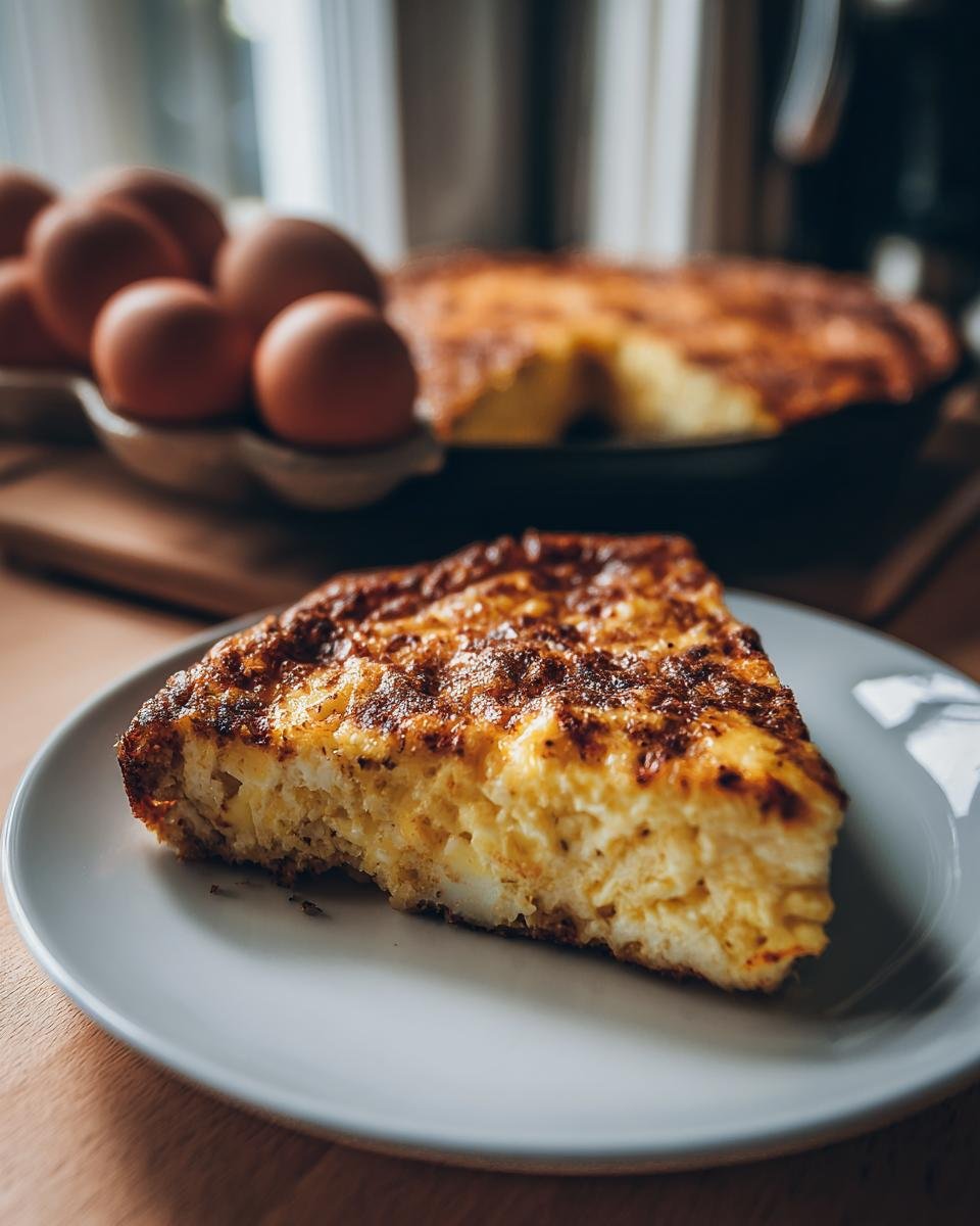 A slice of golden brown Cottage Cheese Egg Bake on a plate, with the full bake and eggs in the background.