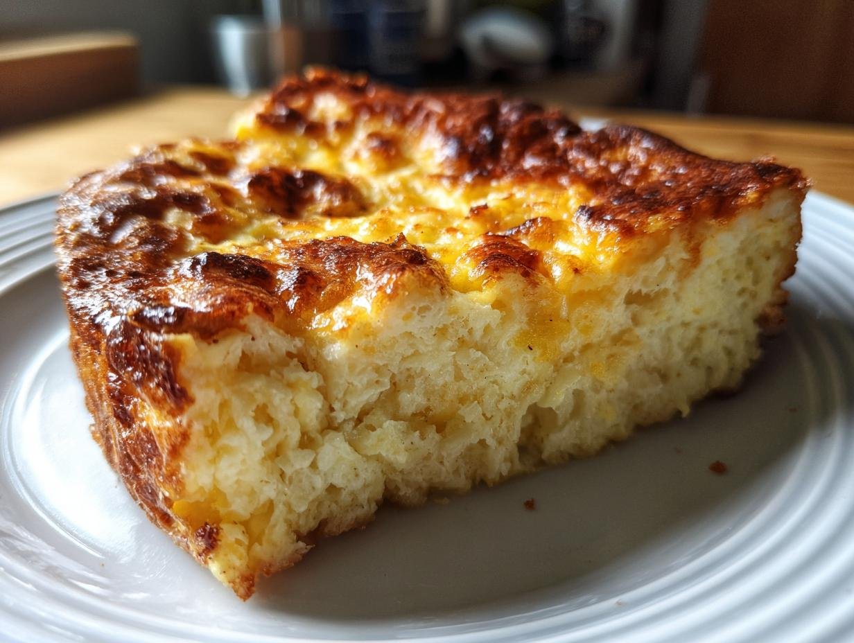 A slice of golden brown Cottage Cheese Egg Bake on a white plate, showcasing its fluffy texture.
