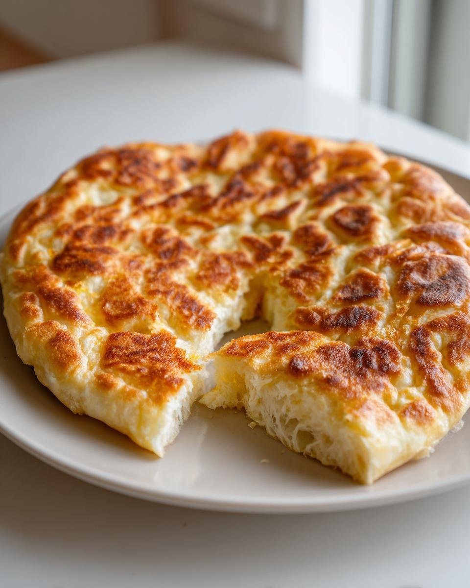 A freshly baked cottage cheese flatbread on a plate, with a slice removed to show the texture.