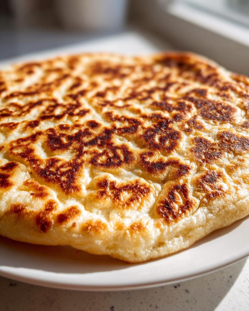 A golden-brown Cottage Cheese Flatbread sits on a white plate, showcasing its textured surface.
