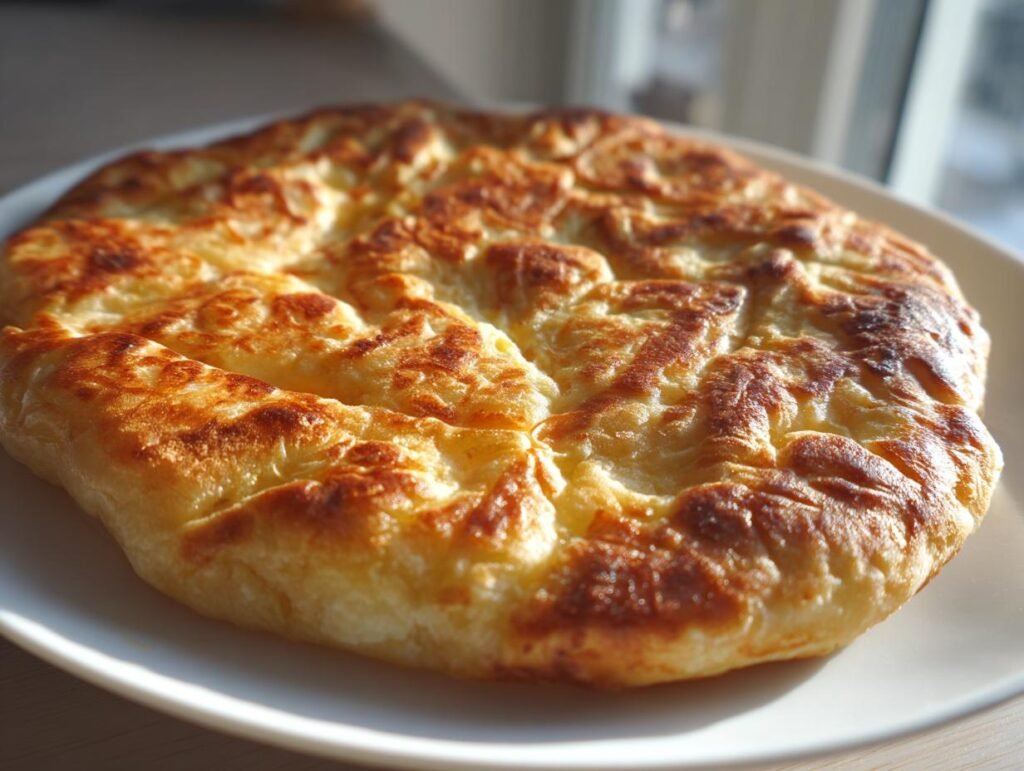 A freshly baked golden brown Cottage Cheese Flatbread on a white plate, showcasing its texture and appetizing appearance.