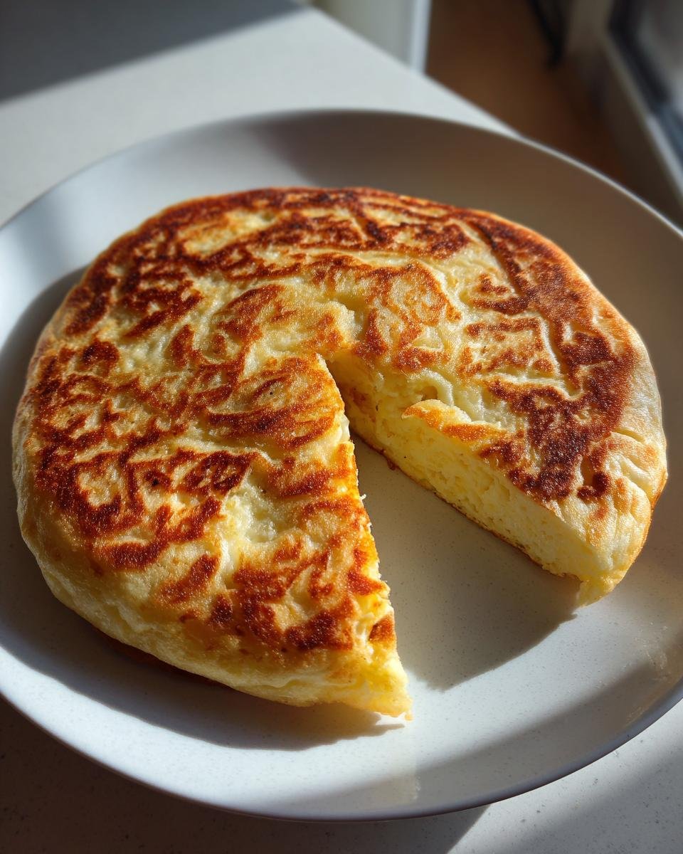 A freshly baked cottage cheese flatbread on a plate, with a slice cut out, showing the texture and golden-brown crust.