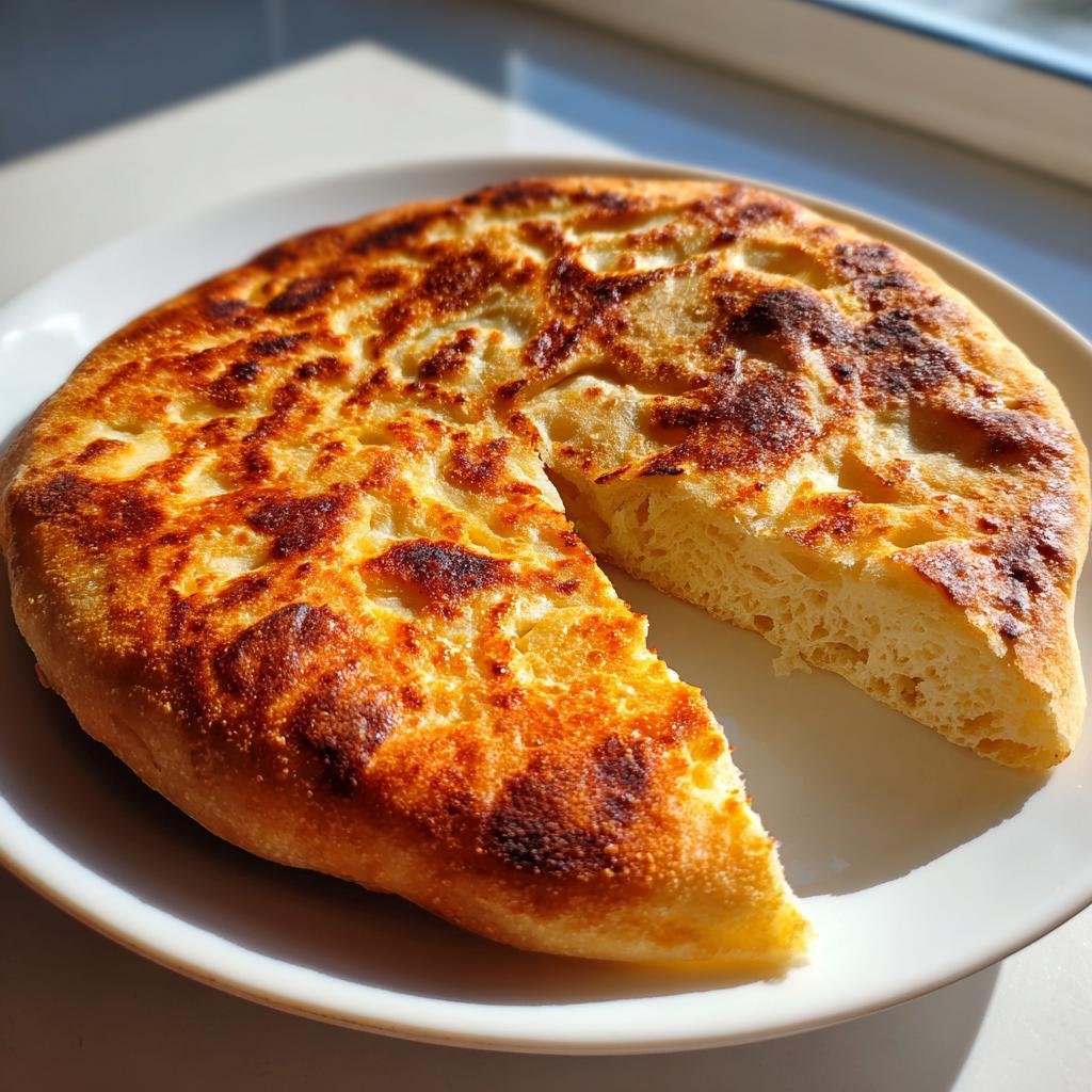 A delicious golden Cottage Cheese Flatbread with a slice cut out, sitting on a white plate.