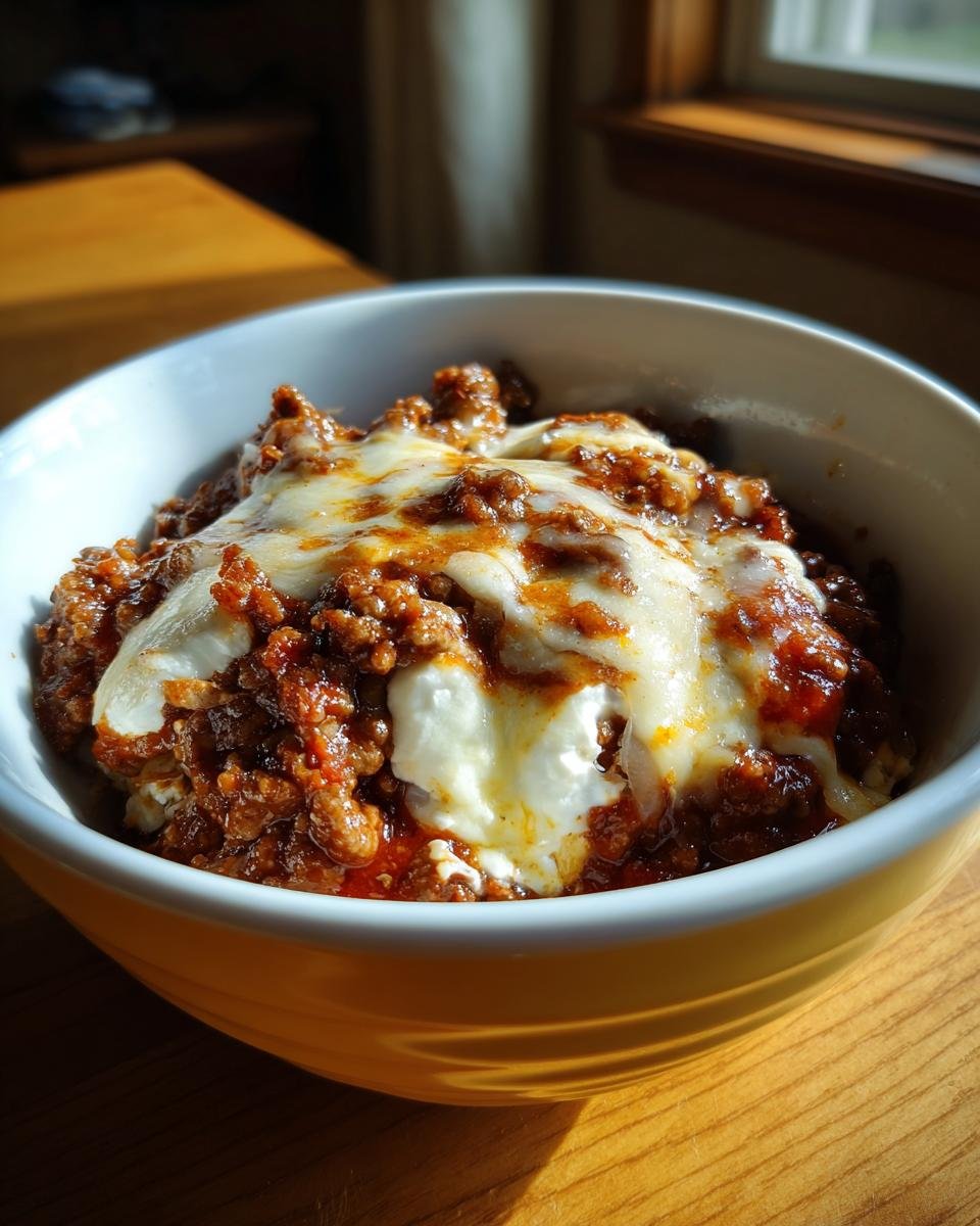 A Cottage Cheese Lasagna Bowl served in a yellow bowl, featuring layers of meat sauce and melted cheese.