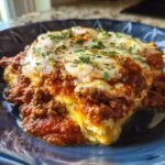A tempting Cottage Cheese Lasagna Bowl with layers of cottage cheese, meat sauce, and melted cheese, garnished with parsley.