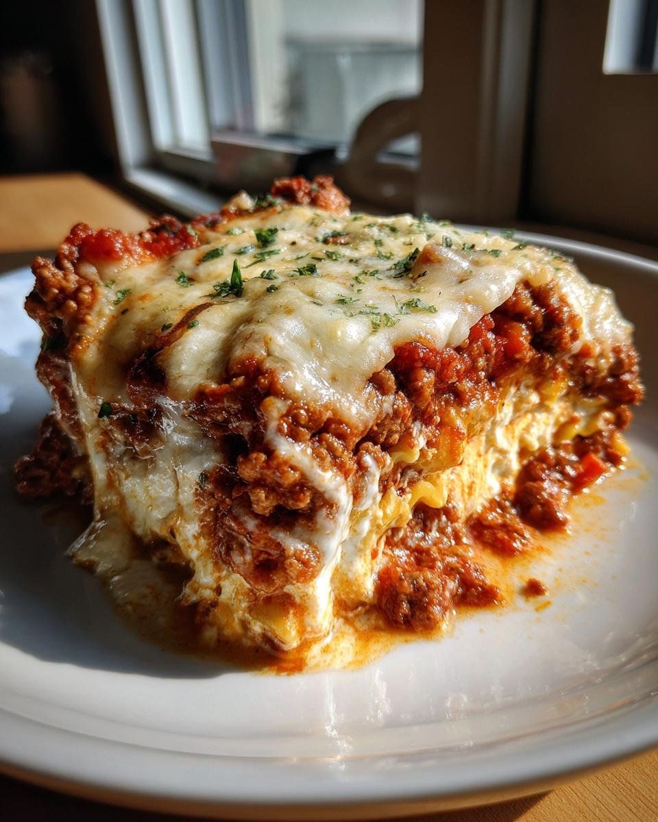 A delicious slice of Cottage Cheese Lasagna Bowl with layers of cheese, meat sauce, and pasta.
