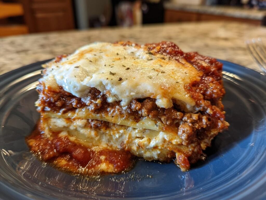 A delicious slice of Cottage Cheese Lasagna Bowl on a blue plate, showcasing layers of cheese, meat sauce, and pasta.