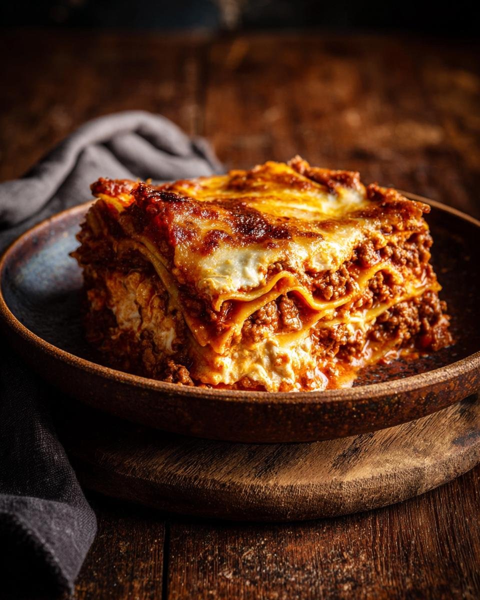 A slice of lasagna featuring cottage cheese, meat sauce, and pasta layers, ready for a Cottage Cheese Lasagna Bowl.