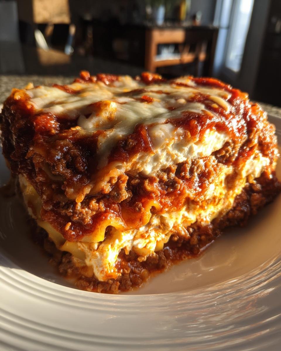 A delicious slice of Cottage Cheese Lasagna Bowl with layers of pasta, meat sauce, and cottage cheese.