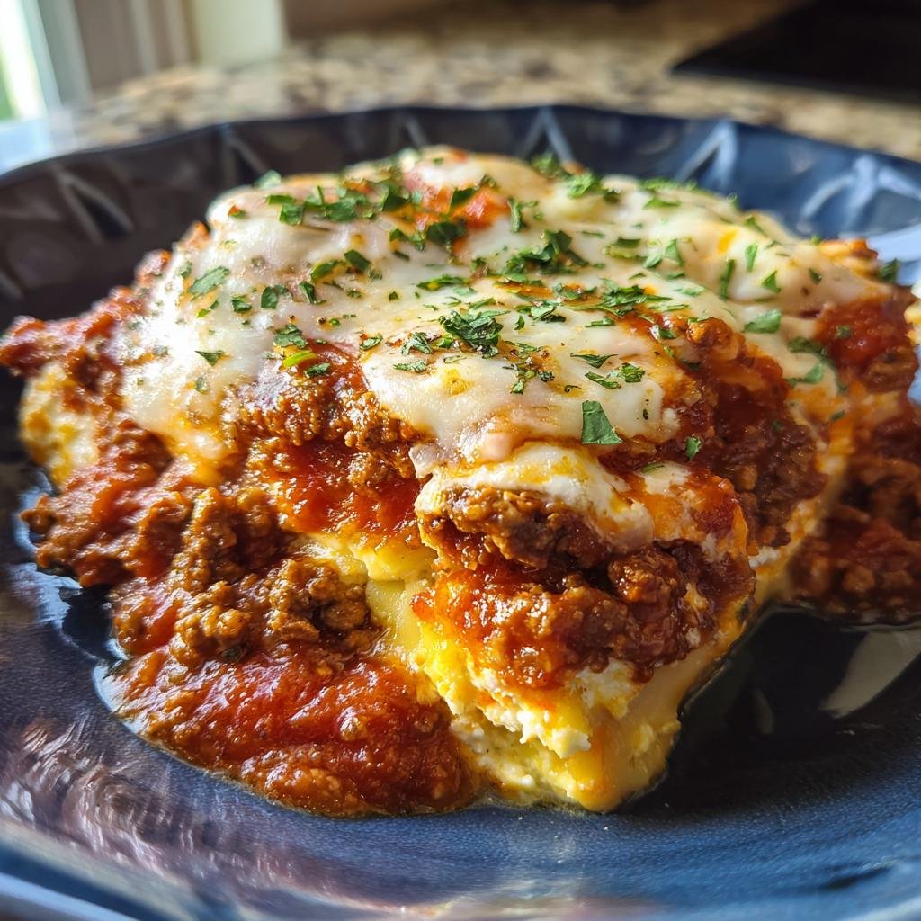 A tempting Cottage Cheese Lasagna Bowl with layers of cottage cheese, meat sauce, and melted cheese, garnished with parsley.