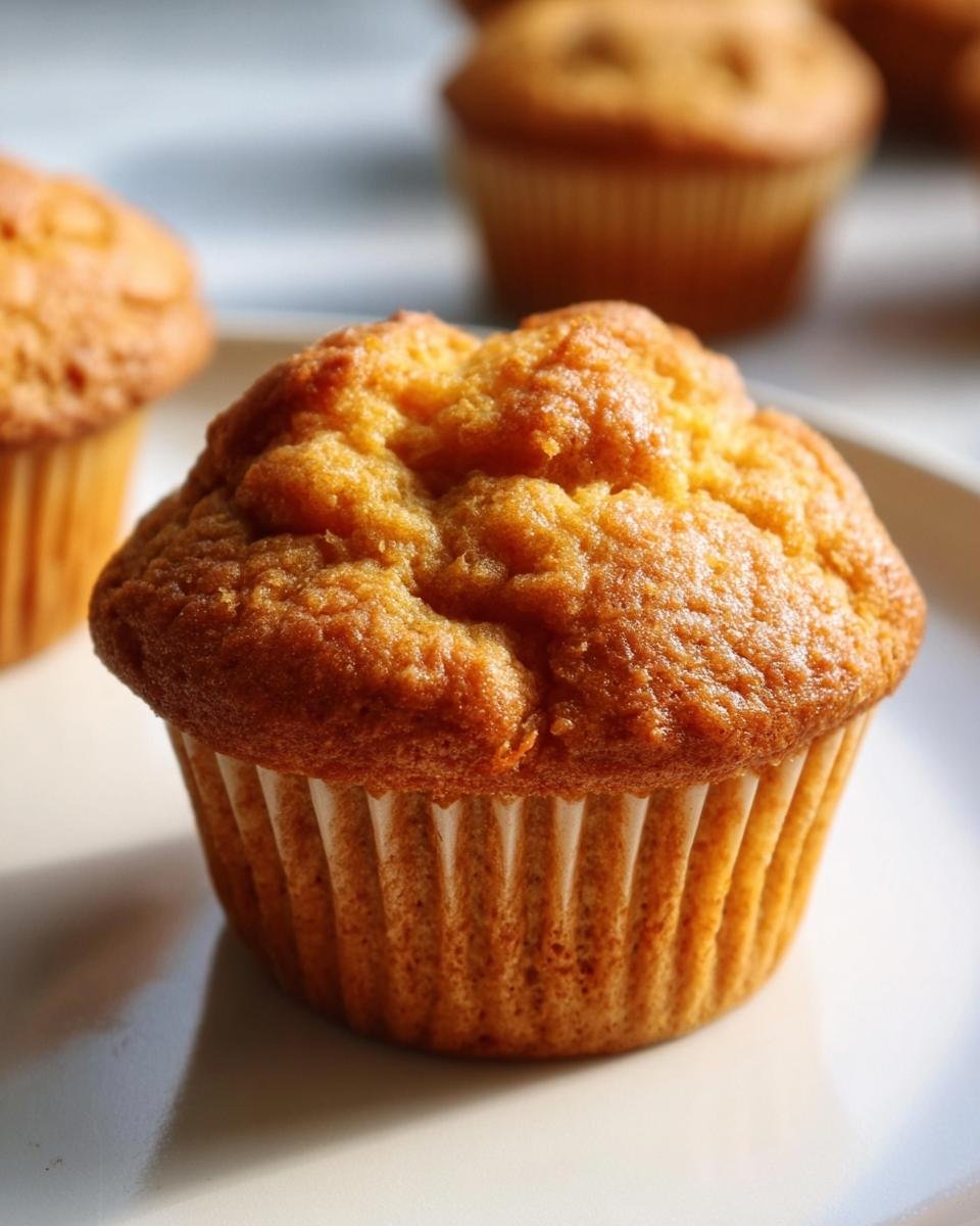 A close-up of a single, golden brown Cottage Cheese Muffin in a white paper liner, sitting on a white plate.