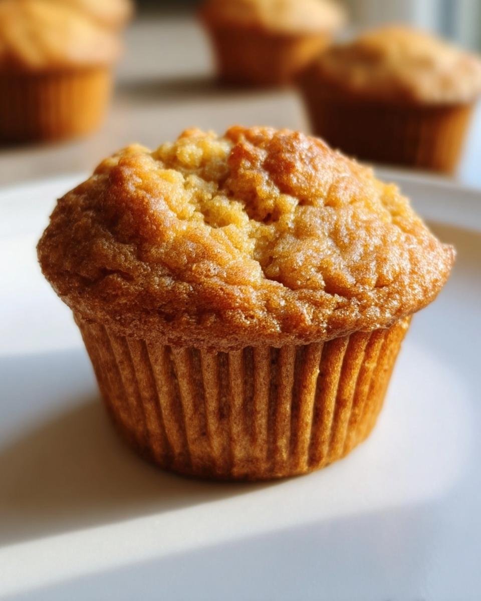 A single, golden-brown Cottage Cheese Muffin sits on a white plate, with other muffins blurred in the background.