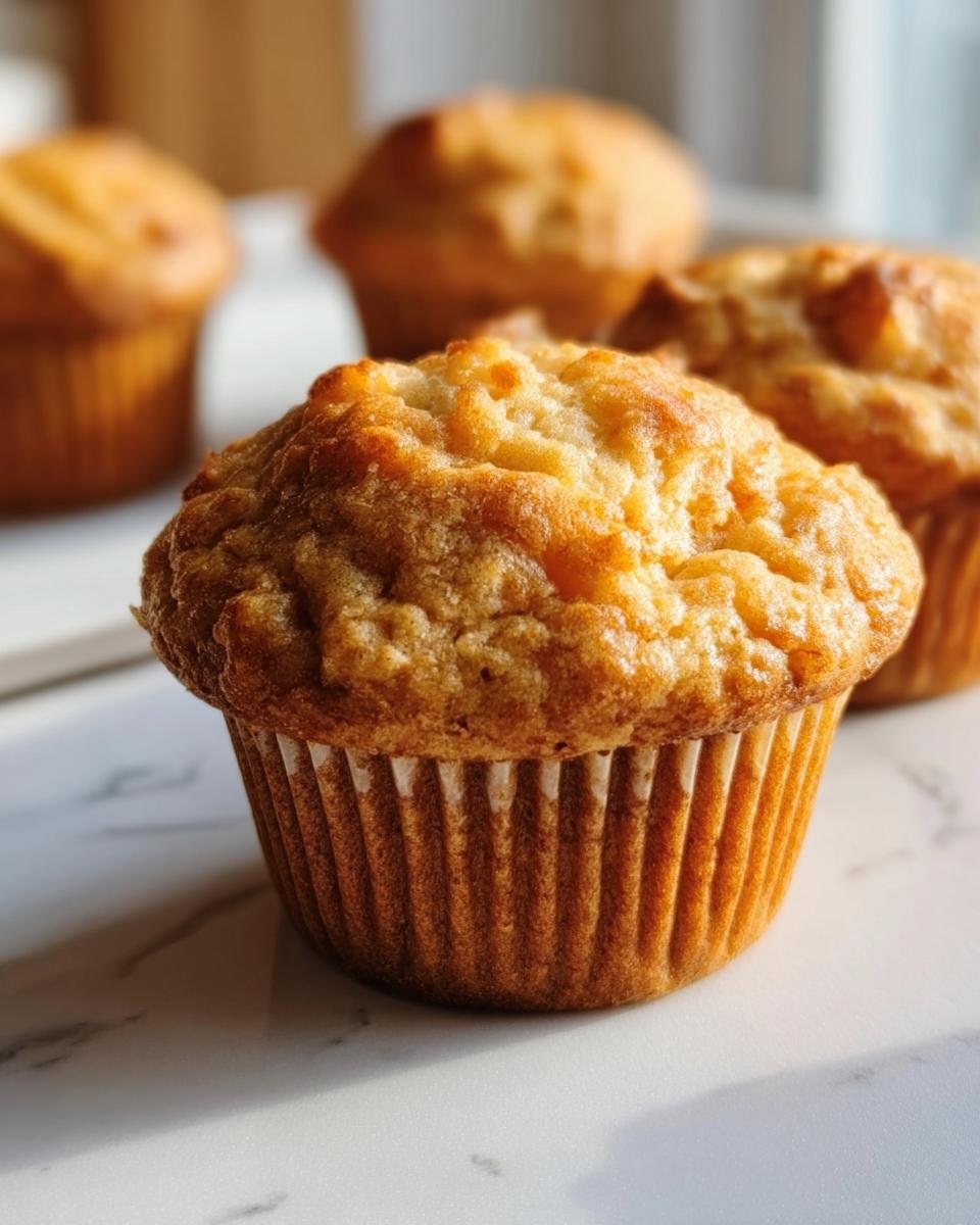 Close-up of a freshly baked Cottage Cheese Muffin on a white surface with other muffins in the background.