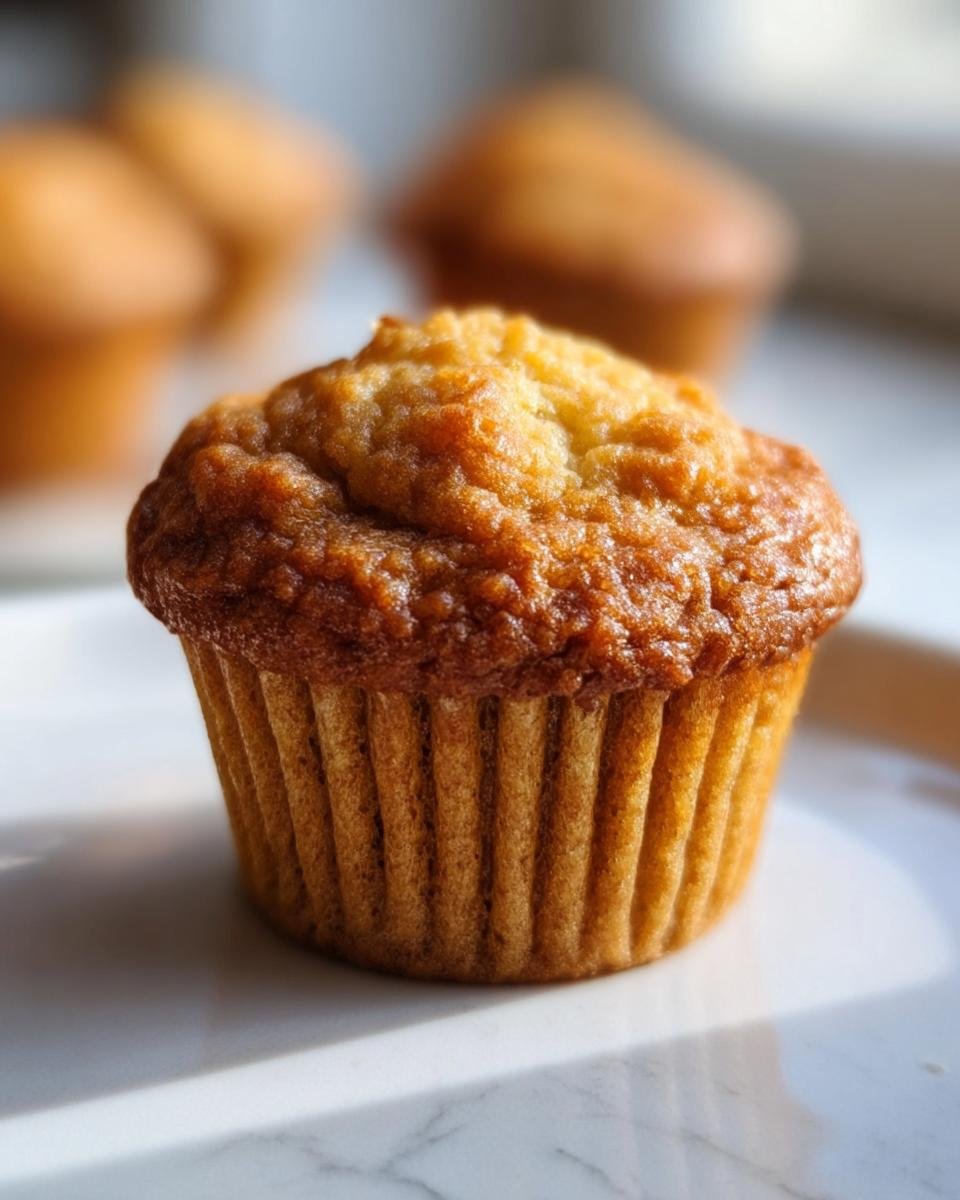 A close-up of a freshly baked Cottage Cheese Muffin, showcasing its golden-brown top and textured paper liner.