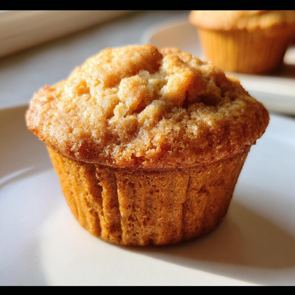 A close-up of a golden brown Cottage Cheese Muffin on a white plate, with another muffin blurred in the background.