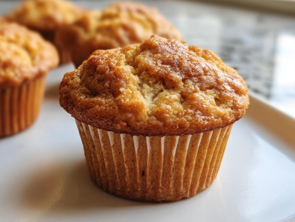 Close-up of a golden brown Cottage Cheese Muffin in a paper liner on a white plate, with more muffins blurred in the background.