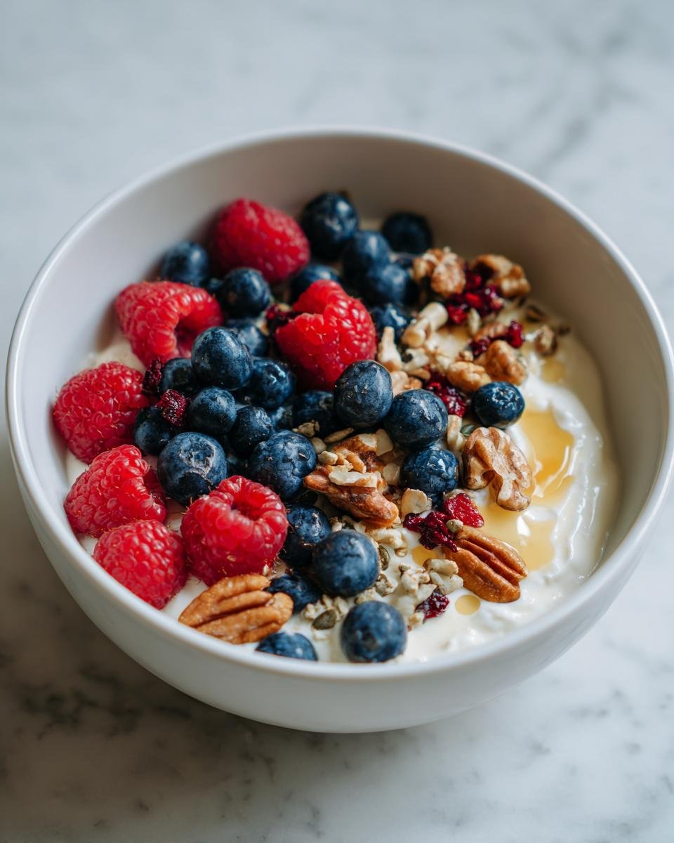A vibrant Cottage Cheese Protein Bowl topped with fresh raspberries, blueberries, nuts, seeds, and a drizzle of honey.