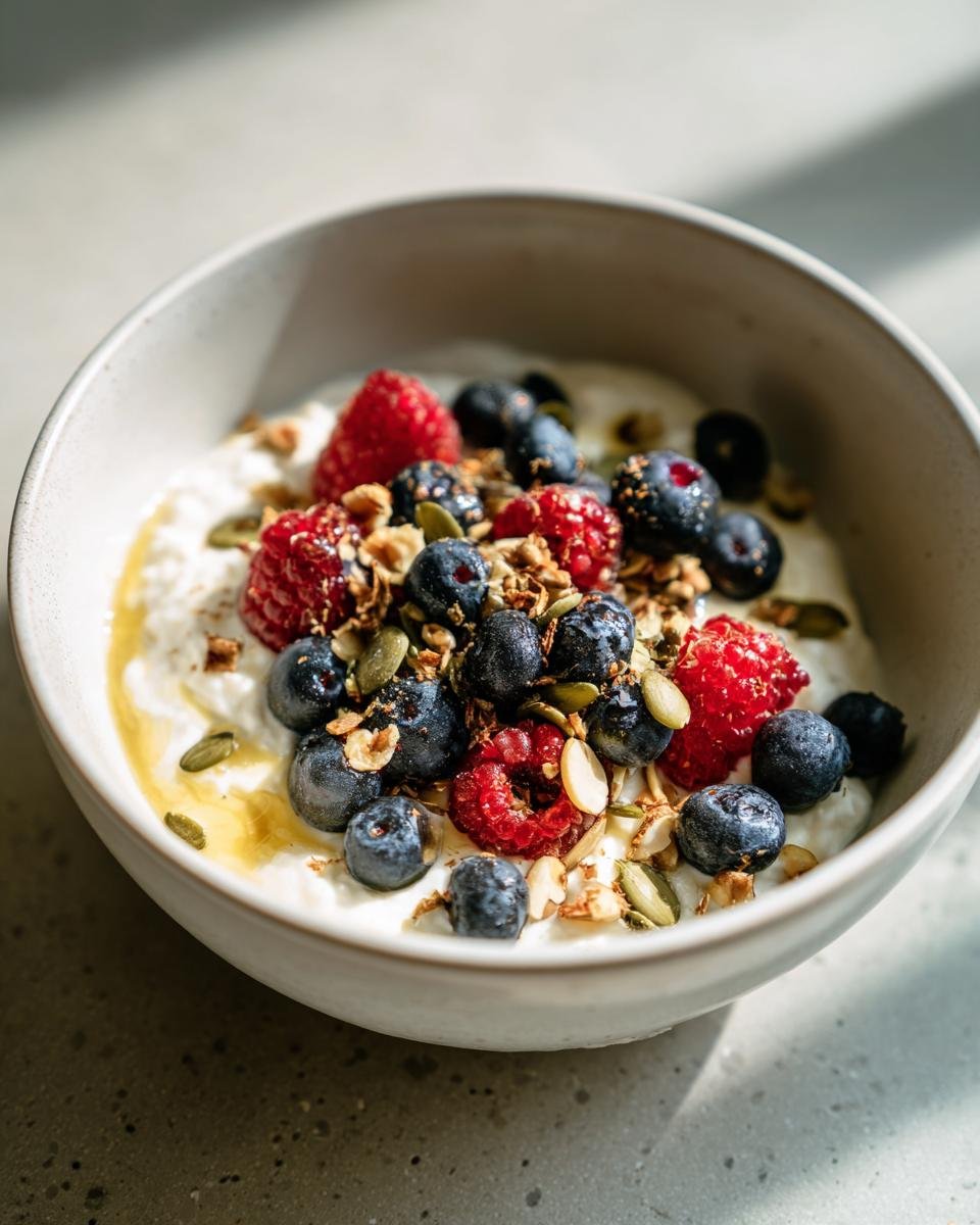 A delicious Cottage Cheese Protein Bowl topped with fresh blueberries, raspberries, granola and pumpkin seeds.