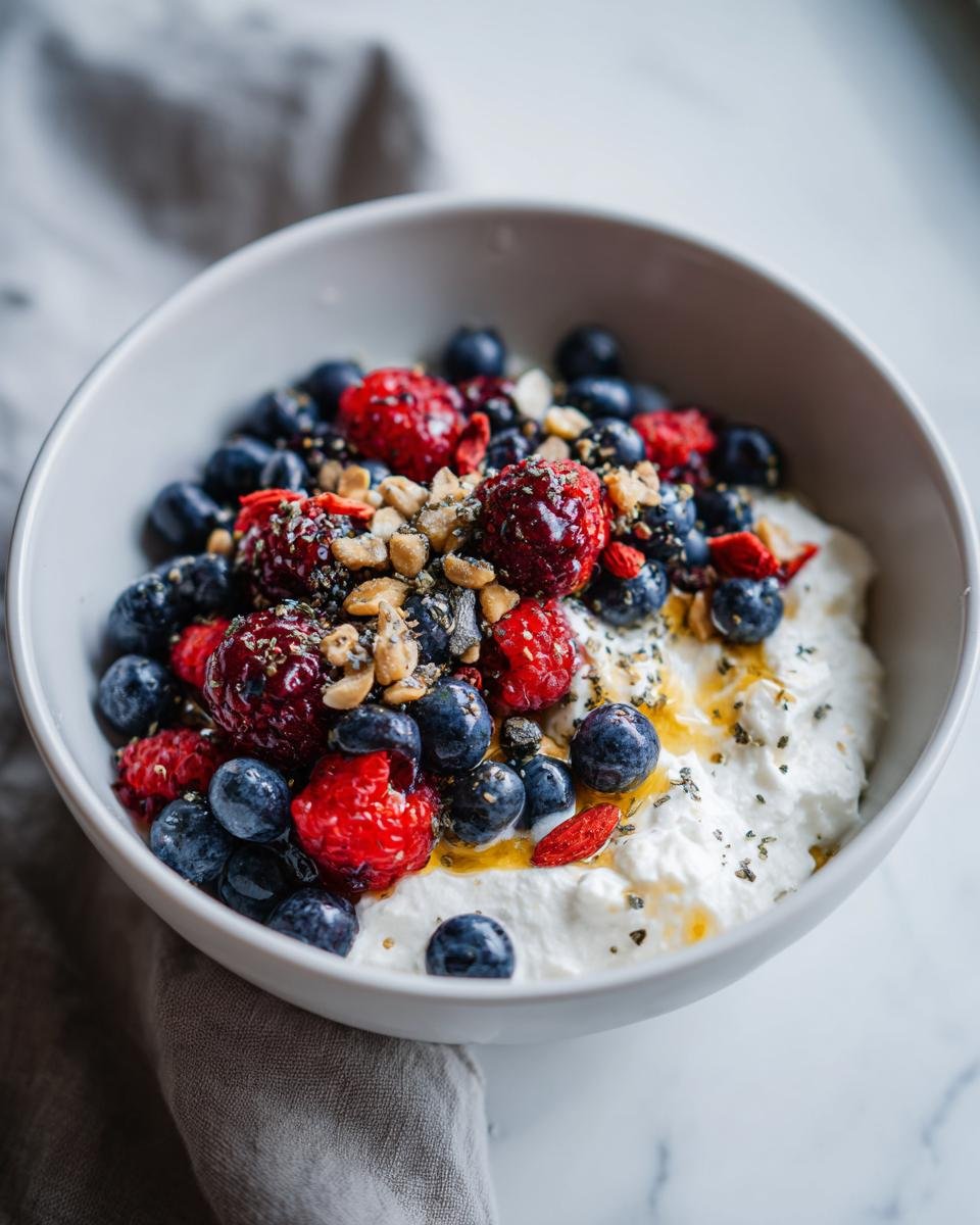 A delicious Cottage Cheese Protein Bowl topped with fresh blueberries, raspberries, nuts, and a drizzle of honey.
