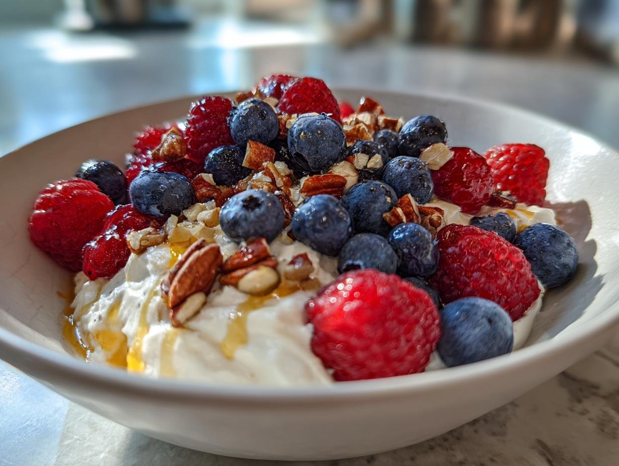 A delicious Cottage Cheese Protein Bowl topped with fresh raspberries, blueberries, and chopped nuts.